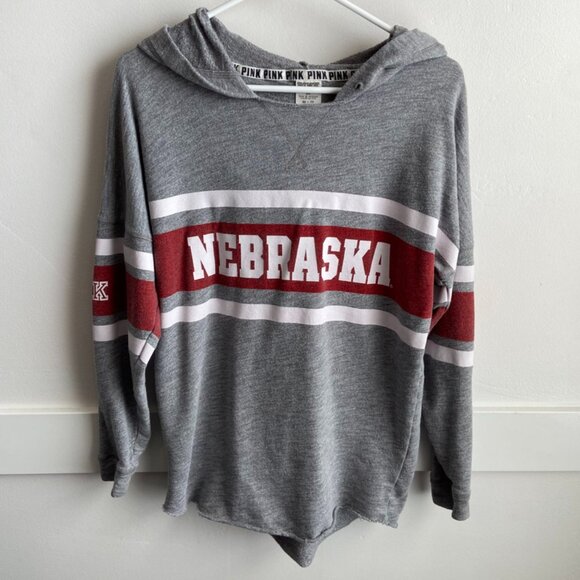 PINK Victoria's Secret Tops - Victoria's Secret Pink Gray & Red Nebraska Hooded Long Sleeve Shirt